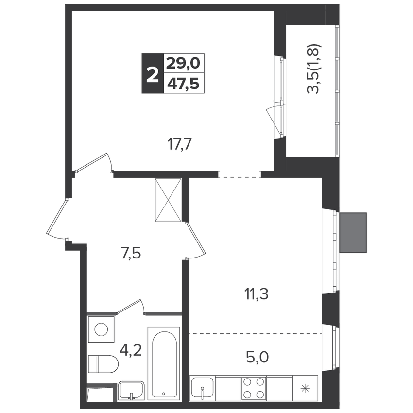 2-комнатная квартира, 47 м², за 11.7 млн руб.