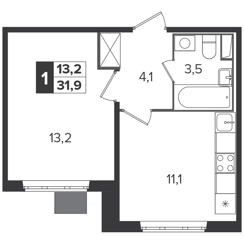 1-комнатная квартира, 31.7 м², за 9.1 млн руб.