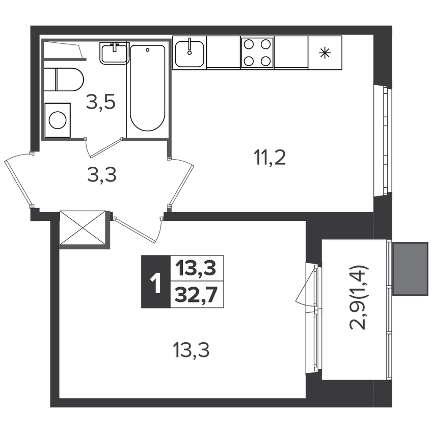 1-комнатная квартира, 32.5 м², за 9.1 млн руб.