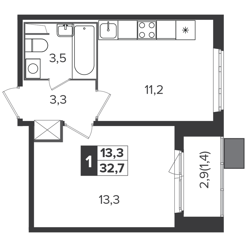 1-комнатная квартира, 32.6 м², за 9.3 млн руб.