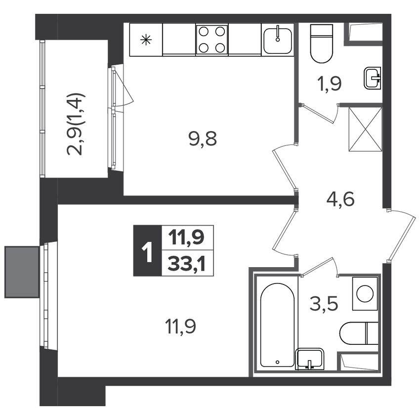 1-комнатная квартира, 33.2 м², за 9.1 млн руб.